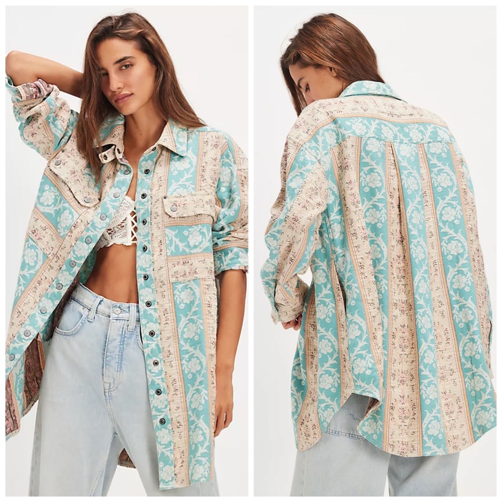 Free People Wonderland Fog Jacquard Shirt‎ Blue Cream Floral Tapestry Medium